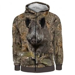 Men's Hoodies Sweatshirts 2022 mens long sleeved hooded wild boar camouflage 3D printed sports shirt zipper hunting suit oversized Q240506