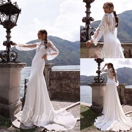 Long Wedding Pentelei Dresses High-Neck Sleeve A-Line Lace Appliqued Beach Bridal Gown Ruched Satin Custom Made Boho Vestidos De Novia