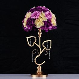 Golden Metal Double Heart Flower Stand Wedding Table Centrepiece Event Pillar Road Lead Vase for Candlestick Decoration