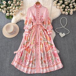 Casual Dresses Elegant Pink Floral Holiday Robe Dress Women Spring Summer Stand Long Lantern Sleeve Sashes Linen Vestidos Clothes 2057