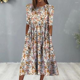 Party Dresses Women Summer Dress Round Neck Retro Floral Printing Mid Sleeves A-line Pleated Side Pockets High Waist Big Hem Vacation Midi