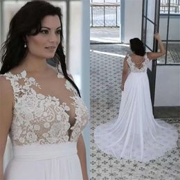 Strand Hochzeit Größe Kleider plus Brautkleid Eine Linie Schaufel Hals ärmellose Spitze Applique Sweep Zug Rückenless Illusion Tulle Custom Made Vestidos de Novia Pplique