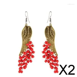 Dangle Earrings 2X Angel Design Beads Tassel Drop Lady Girls Red