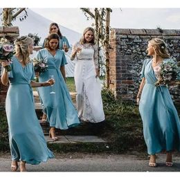 Bridesmaid Chiffon Short Boho 2021 Blue Dresses Sleeves Ankle Length V Neck Custom Made Plus Size A Line Maid Of Honor Gown Beach Wedding Guest Formal Wear