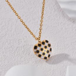 Pendant Necklaces Women Black White Plaid Geometric Necklace Love Heart Stainless Steel Simple Fashion Exquisite Jewellery Party Gift