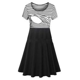 Maternity Dresses 2024 Summer Womens Nursing Dress Summer Short Sleeve Patch Work Pregnant Women Nursing Knee Length DressL2405