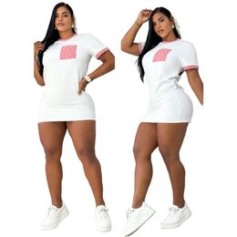 2024 Designer T-shirt Dresses Women Casual Crew Neck Slim Bodycon Short Mini Dress Free Ship