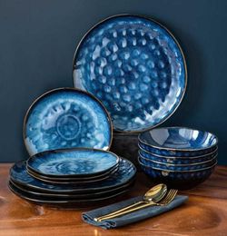VANCASSO Starry 122436Piece Dinner Set Vintage Look Ceramic Blue Stoare Tableware Set with Dinner PlateDessert PlateBowl 21073363620