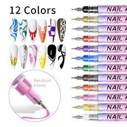 12-color Manicure Pens Nail Polish Hook Line Pens Stippling DIY Graffiti Acrylic Paint Nail Art Line Pen Nail Art Tools 240430