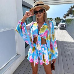 Women Floral Print Two Piece Suit Chiffon Cardigan Shorts Set Colorful Women's Beachwear With V Neck For Ladies