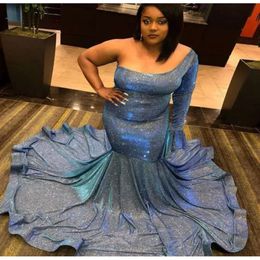 One Prom Dresses Blue Mermaid Shoulder Sequins Long Sleeves Custom Made Floor Length Evening Gown Formal Ocn Wear Vestidos Plus Size