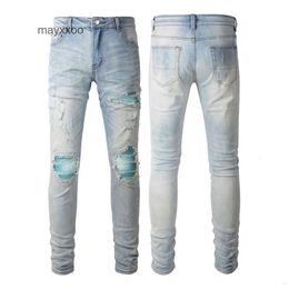 Pencil Perforated Purple Craft Jean High Amiiris Heavy Designer Washed Jeans Mens Mens Quality Leather Fashion Chaopai FOGM