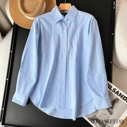 Women's Blouses KEYANKETIAN 2024 Launch Women Blue Oxford Shirt Spring Asymmetrical Single Breasted Long Sleeve Oversize Female Top