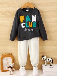 Clothing Sets Boys4-7y Spring And Autumn Style Leisure Solid Colour Suit Letter Printed Round Neck Long Sleeve Shirt Beige Pants Tie Feet