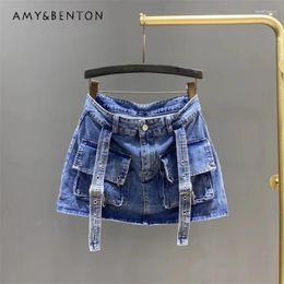 Skirts Blue Tooling Denim Skirt Women's 2024 Spring Slimming Hip Versatile High Waist A-line Short Harajuku Clothes