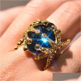 Cluster Rings Fishion 14K Gold Colour Sapphire Gemstone Ring For Women Peacock Blue Topaz Stone Dainty 925 Jewellery Birthday Gift Mom D Dhioh
