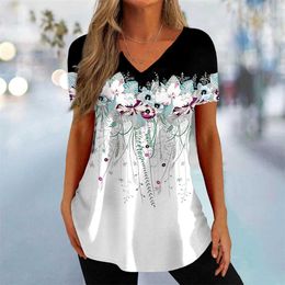 Women's T-Shirt Summer womens T-shirt 3D floral print clothing beautiful V-neck short sleeved T-shirt fashionable womens clothingL2405