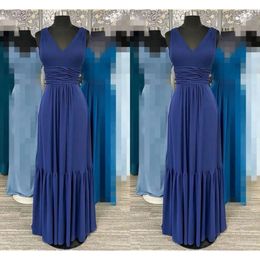 Blue Dresses Dark 2021 Bridesmaid V Neck Straps Chiffon Ruched Pleats Custom Made Beach Wedding Maid Of Honor Gown Vestidos estidos