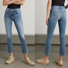 Women's Jeans 2024 Early Autumn Women's Distressed High Waist Nine Point Light Blue Elastic Tight Ankle Pencil Pants