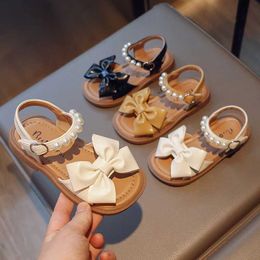 Sandals Children Shoes Bow Pearls Open-toe 2023 New Summer Flats Kids Casual Girls Sandals Non-slip PU Simple Japanese Style for Dresses