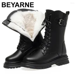 Boots Fashion Thick Bottom Women Snow Natural Wool Shearling Warm Mid Calf Winter Platform Fur