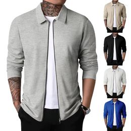 Men's Jackets 2024 Slim Fit Jacket Solid Lapel Long Sleeve Zipper Cardigan Tops Spring Autumn Casual Polo Collar Waffle Coat