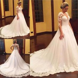 Eleganckie rękawy 2020 V Sheer Długie sukienki szyi koronkowe aplikacje z koralikami przyciski przykręcone suknia ślubna