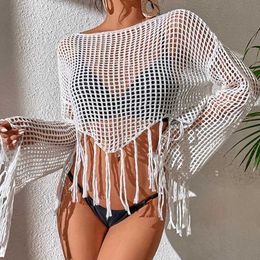 Women Beach Wear S Through Hollow Out Bikini Cover Ups Tops Women Beachwear Flared Long Slve Tassel Smock Crop Tops Swimsuit Cover-Up Y240504