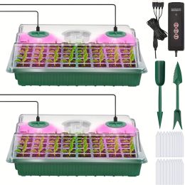 Lids 2 Packs, Seed Starter Tray With Grow Light, With Timing Controller Adjustable Brightness, 80 Cells, For Indoor Planting