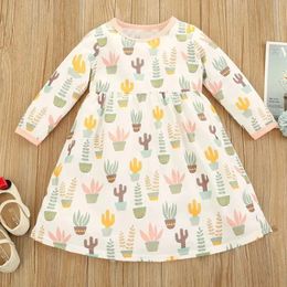 Fall Kid Girl Dress Casual Long Sleeve Princess Toddler Clothes Children Tracksuit Cartoon Print Party Baby A433 240428