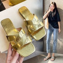 ZA Womens Summer Golden KBot Flat Shoes Sexy Thin Belt Luxury Slippers Square Toe Flip Casual Beach Apartment 240426