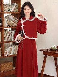 Work Dresses Red Christmas Skirts Set Year Sweet Girls Temperament Short Coat Half Long Skirt Autumn/Winter Two Piece Women Outfits