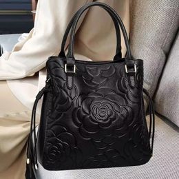 Totes Black Fashion Genuine Leather Women Pattern Noble Ladies Tote Bag Flower Elegant Real Casual