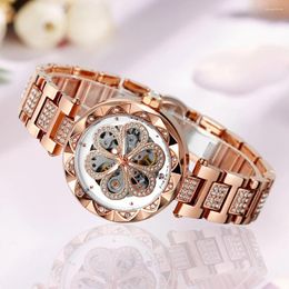 Wristwatches Forsining Elegant Rose Gold Skeleton Automatic Watch For Women Fashion Iced Out Mechanical Lady Watches Steel