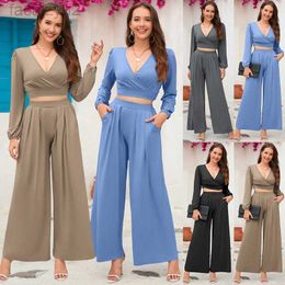 Women's Two Piece Pants Autumn/Winter New Women's V-neck Long Sleeve Short Top+Straight Leg Pants Two Piece Set Large size plus sexy Sets