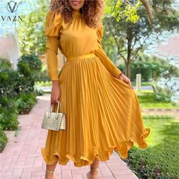 Work Dresses VAZN 2024 Autumn Winter Chiffon Overalls Solid Young Sexy Pleated Full Sleeve Sweet Long Loose Skirt Women 2 Piece Set