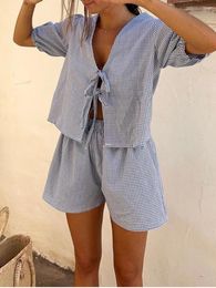 Women's Tracksuits Plaid Outfits Short Sets Summer Loose V Neck Puff Sleeve Front Tie-Up Tops Elastic Waist Shorts 2 Piece Lounge Set