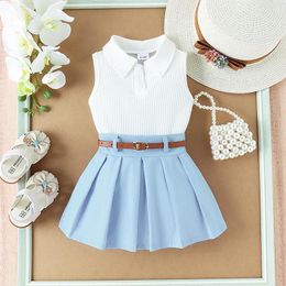 Clothing Sets FOCUSNORM 0-5Y Summer Kids Girls Fashion Clothes Sleeveless Turn-down Collar Solid Ribbed Tank Top With Pleated Skirt Belt