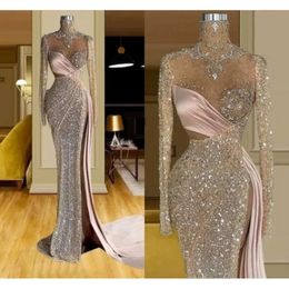 Evening Mermaid Long Dresses Beaded Sleeves High Neck Sequins Side Slit Crystals Custom Made Formal Ocn Wear Arabic Prom Gown Vestidos