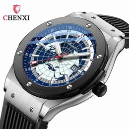 CHENXI Dawn Mens Watch World Map Same Live Calendar Night Glow Waterproof Quartz