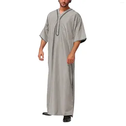 Ethnic Clothing Muslim Men Thobe Solid Color Button Middle Robe Saudi Musulman Shirt Stand Collar Islamic Arabic Kaftan Abaya