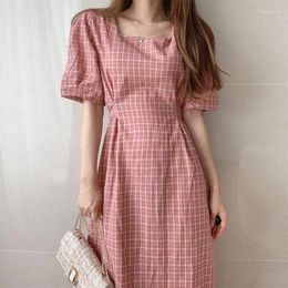 Party Dresses Women's Korean Style Sweet Dress Plaid Square Neck Short Puff Sleeves Slim Waist A-Line Medium Spring Summer 2024