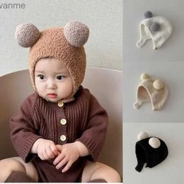 Caps Hats Cute winter warm childrens girl boy baby hat with wool hem solid wool earmuffs with ball soft newborn hat WX