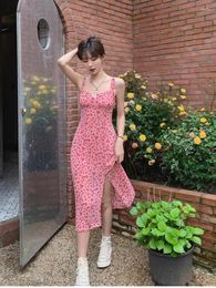 Casual Dresses Summer French Women Sweet Romantic Sexy Club Pink Print Sleeveless Slim Midi Bandage Slip Female Backless Sundress Boho