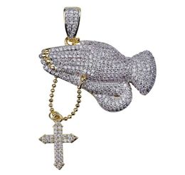 Hip Hop Brass Double Colours Iced Out Micro Pave CZ Praying Hands Pendant Necklace Charm For Men Women5524816