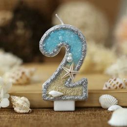 3PCS Candles Butterfly Blue Shell Glitter Number Birthday Candles Cake Toppers Birthday Wedding Birthday Digital Cakes Dessert Decor