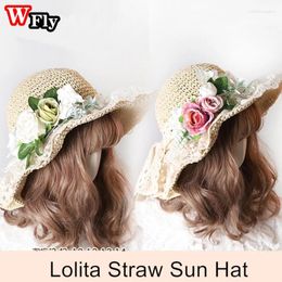 Berets Harajuku Sweet Women Girls Summer Beach Straw Sun Hat Kawaii Lolita Cosplay Lace Ribbon Bowknot Hats Ladies Elegant Cap