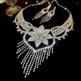 Dangle Earrings Luxury Flower Crystal Necklace For Women Long Tassel Rhinestones Ladies Wedding Bride Jewelry Sets