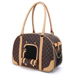 Pet Classic Brown Plaid Dog Carrier, Cat Carrier Bag, Waterproof Premium PU Leather Puppy Carrying Handbag for Outdoor Travel Walking Hiking Shopping