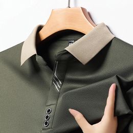 Autumn Mens Longsleeved Polo Shirt Business Casual Slim Elastic Top Fashion Classic Solid Colour Male Brand Tees 240430